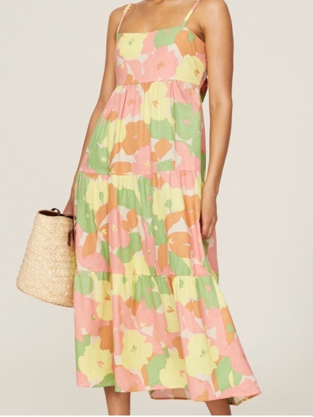 Pastel Floral Tiered Midi Dress in Pink & Green